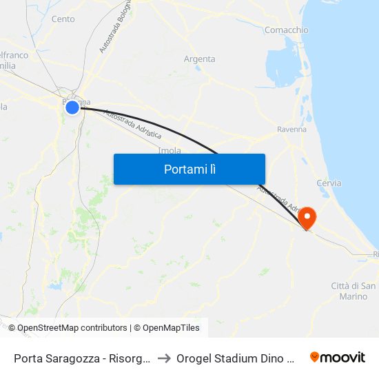 Porta Saragozza - Risorgimento to Orogel Stadium Dino Manuzzi map