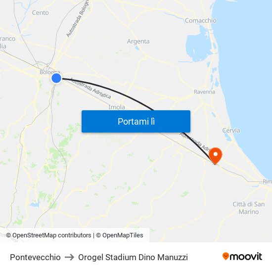 Pontevecchio to Orogel Stadium Dino Manuzzi map