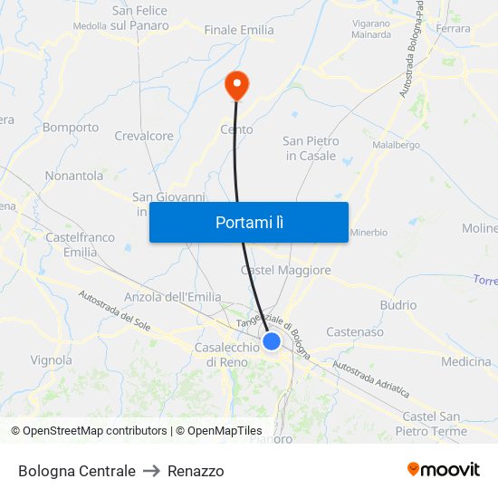 Bologna Centrale to Renazzo map