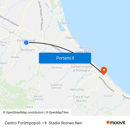 Centro Forlimpopoli to Stadio Romeo Neri map