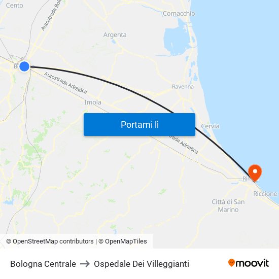 Bologna Centrale to Ospedale Dei Villeggianti map
