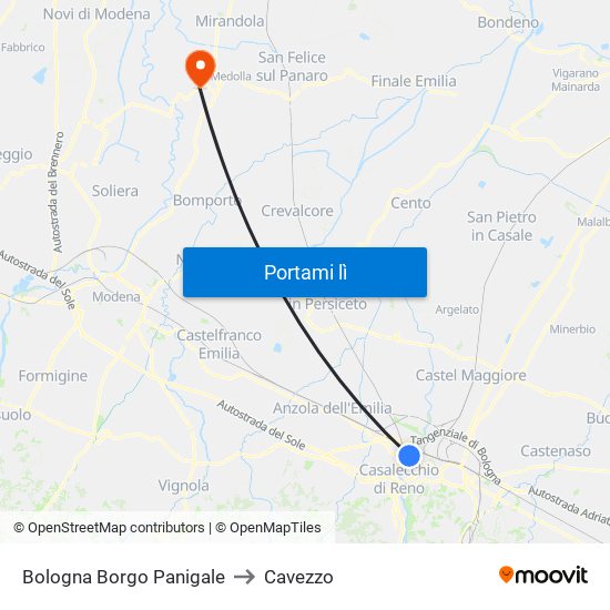 Bologna Borgo Panigale to Cavezzo map
