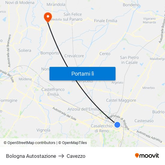 Bologna Autostazione to Cavezzo map