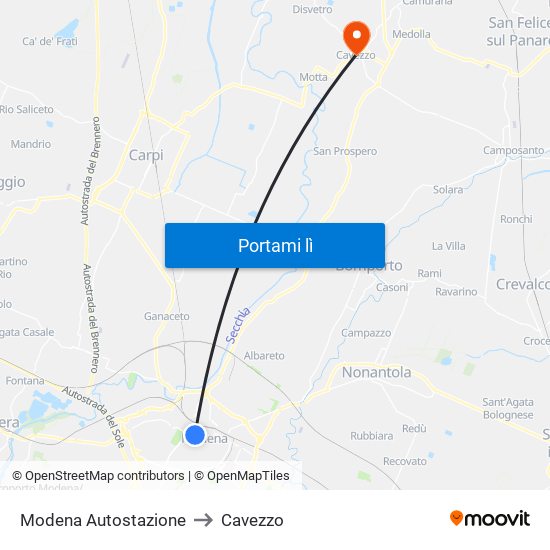 Modena Autostazione to Cavezzo map