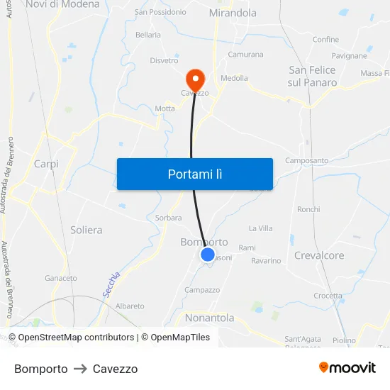 Bomporto to Cavezzo map
