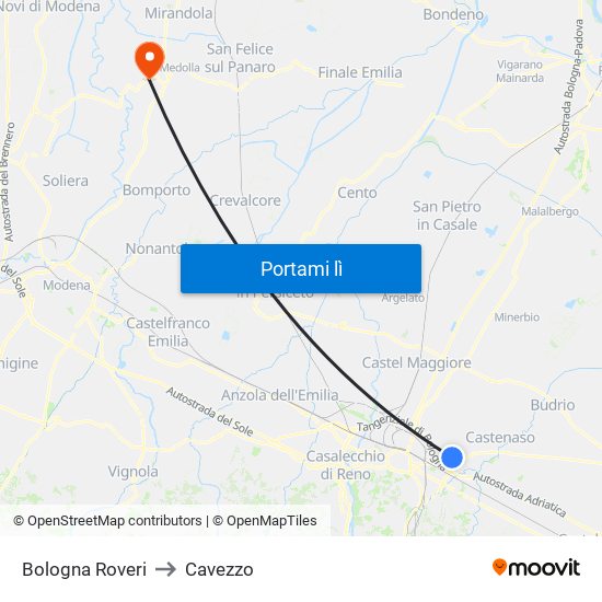 Bologna Roveri to Cavezzo map