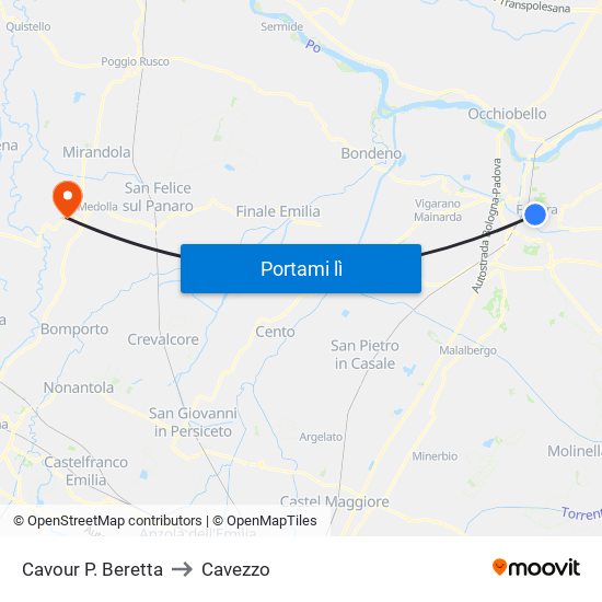 Cavour P. Beretta to Cavezzo map