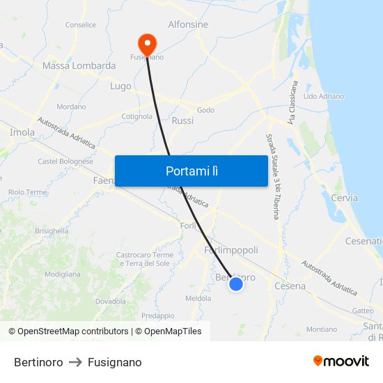 Bertinoro to Fusignano map