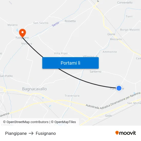 Piangipane to Fusignano map
