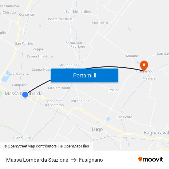 Massa Lombarda Stazione to Fusignano map