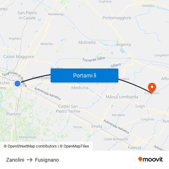 Zanolini to Fusignano map