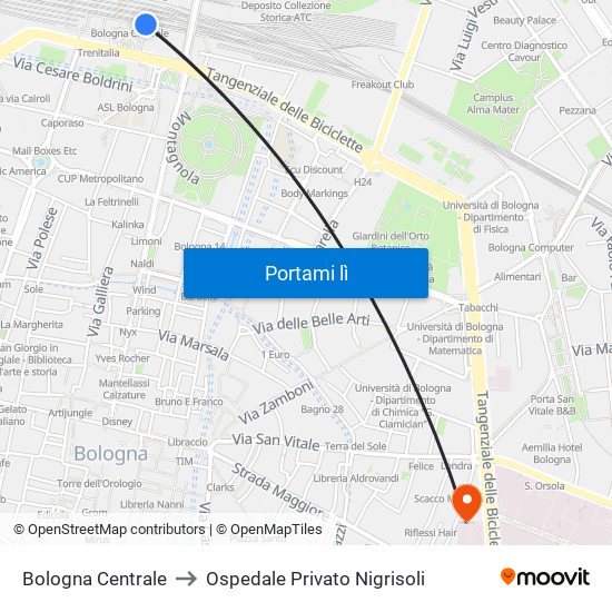 Bologna Centrale to Ospedale Privato Nigrisoli map