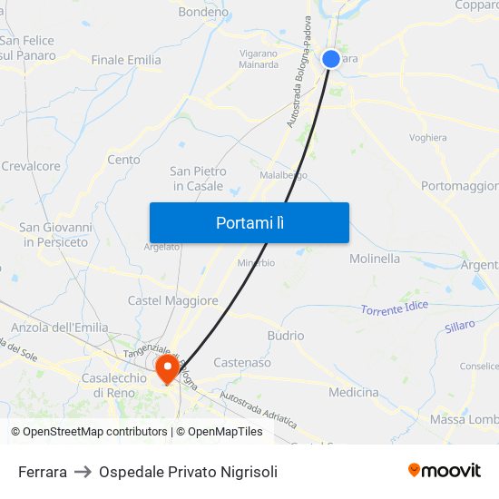 Ferrara to Ospedale Privato Nigrisoli map