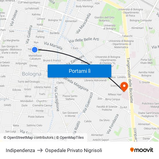 Indipendenza to Ospedale Privato Nigrisoli map