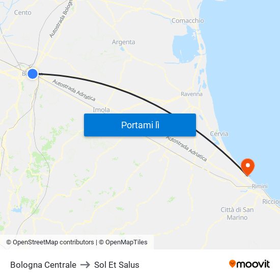 Bologna Centrale to Sol Et Salus map