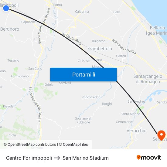 Centro Forlimpopoli to San Marino Stadium map