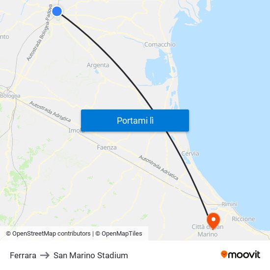 Ferrara to San Marino Stadium map