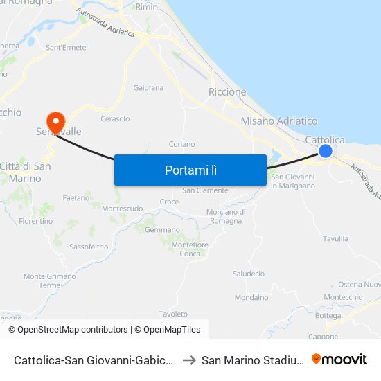 Cattolica-San Giovanni-Gabicce to San Marino Stadium map