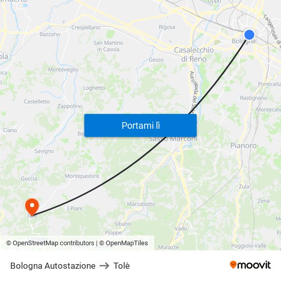 Bologna Autostazione to Tolè map