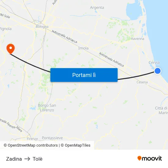 Zadina to Tolè map