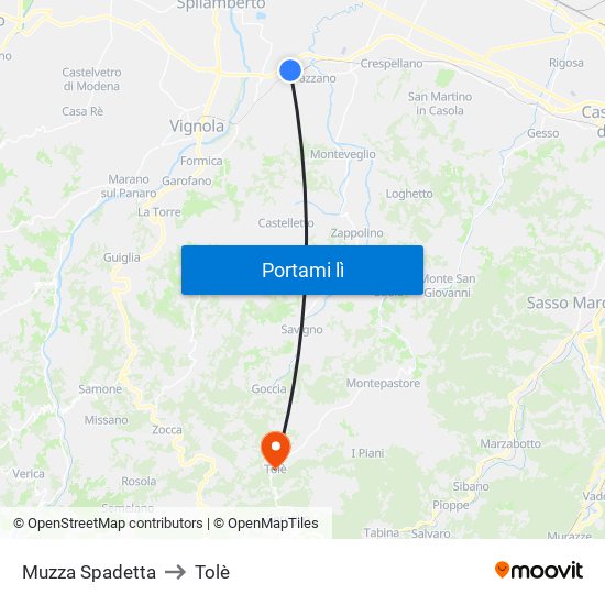 Muzza Spadetta to Tolè map