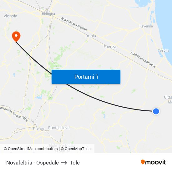 Novafeltria - Ospedale to Tolè map