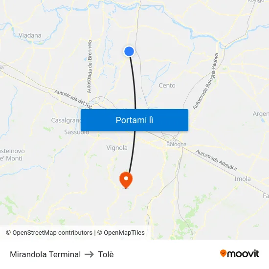Mirandola Terminal to Tolè map