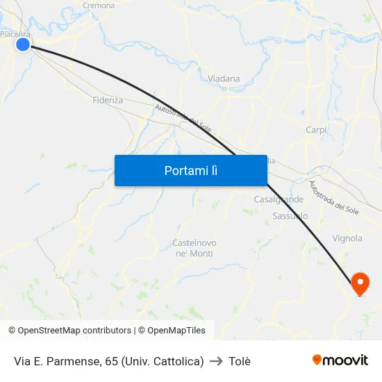 Via E. Parmense, 65 (Univ. Cattolica) to Tolè map
