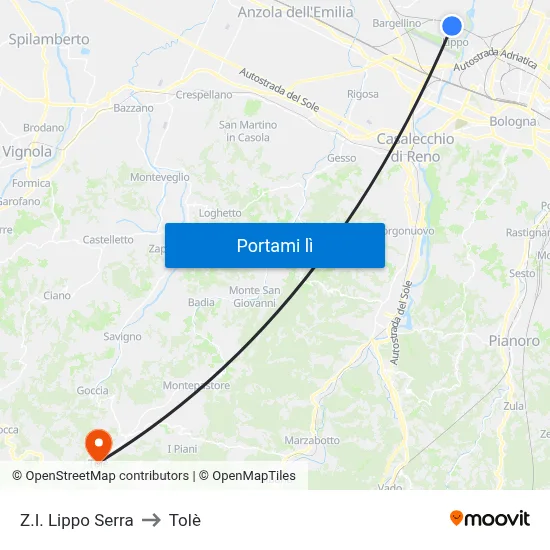 Z.I. Lippo Serra to Tolè map