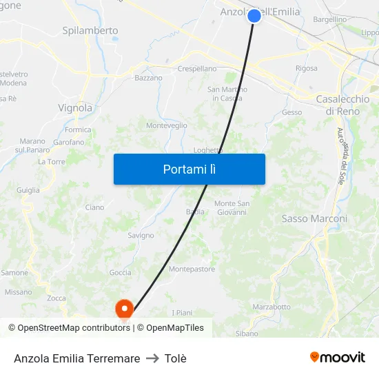 Anzola Emilia Terremare to Tolè map