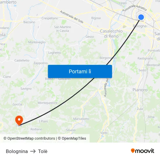 Bolognina to Tolè map