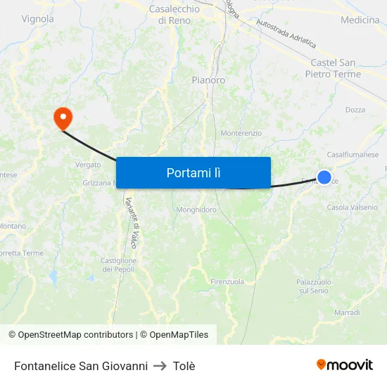 Fontanelice San Giovanni to Tolè map
