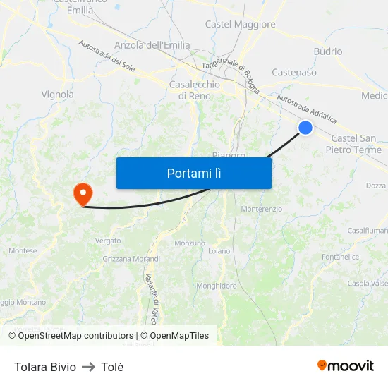 Tolara Bivio to Tolè map