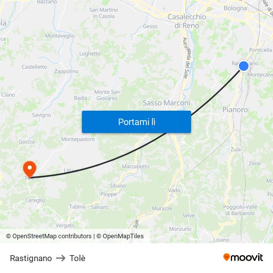 Rastignano to Tolè map