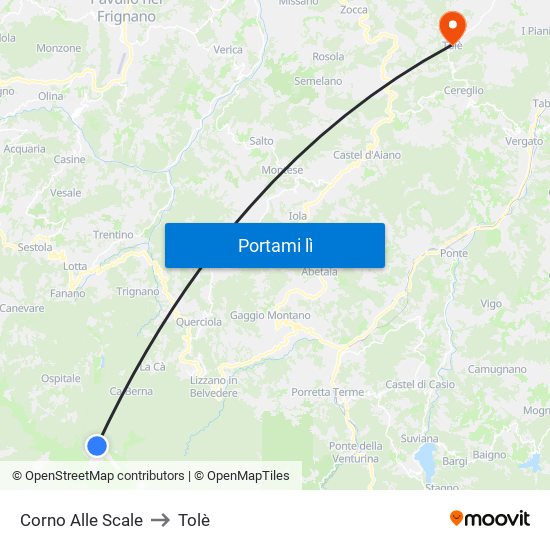 Corno Alle Scale to Tolè map