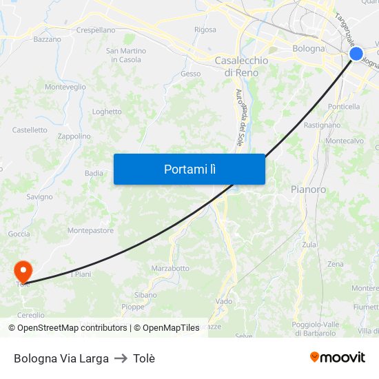Bologna Via Larga to Tolè map