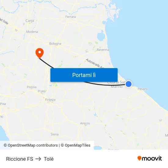 Riccione FS to Tolè map