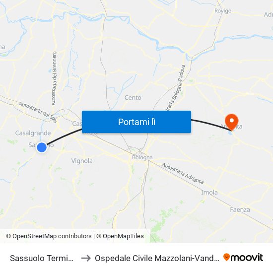 Sassuolo Terminal to Ospedale Civile Mazzolani-Vandini map