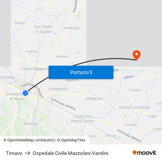 Timavo to Ospedale Civile Mazzolani-Vandini map