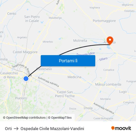 Orti to Ospedale Civile Mazzolani-Vandini map