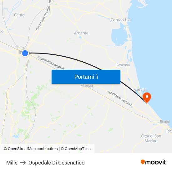 Mille to Ospedale Di Cesenatico map