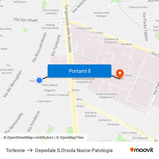 Torleone to Ospedale S.Orsola Nuove Patologie map