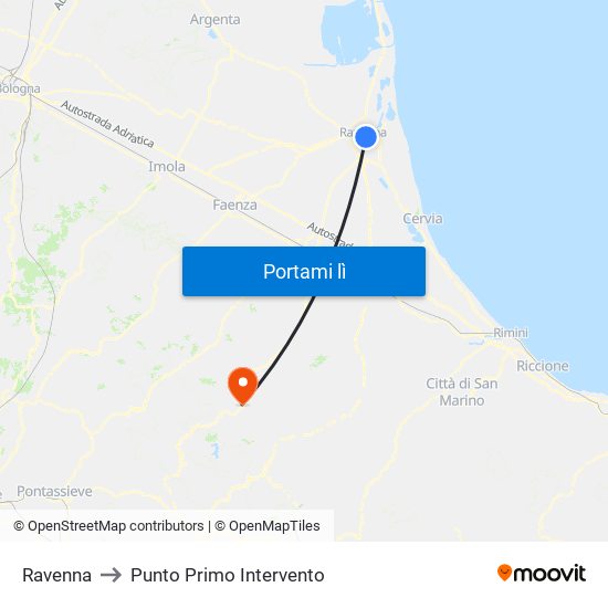 Ravenna to Punto Primo Intervento map