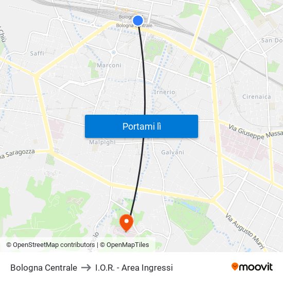 Bologna Centrale to I.O.R. - Area Ingressi map