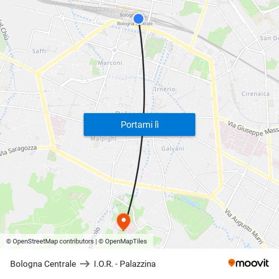 Bologna Centrale to I.O.R. - Palazzina map