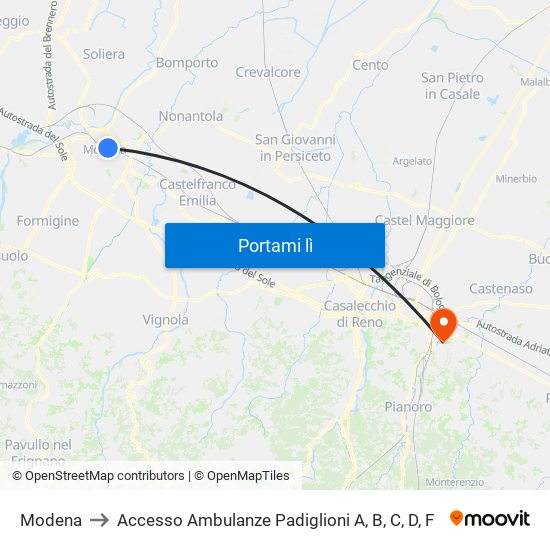 Modena to Accesso Ambulanze Padiglioni A, B, C, D, F map