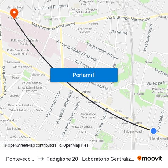 Pontevecchio to Padiglione 20 - Laboratorio Centralizzato map