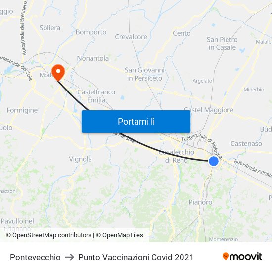 Pontevecchio to Punto Vaccinazioni Covid 2021 map