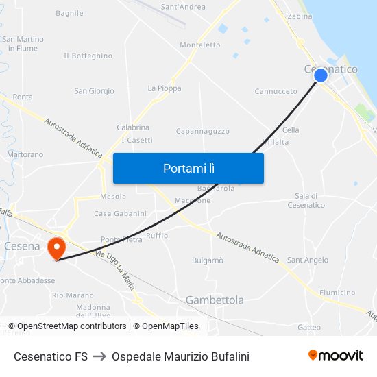 Cesenatico FS to Ospedale Maurizio Bufalini map