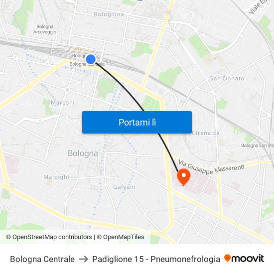 Bologna Centrale to Padiglione 15 - Pneumonefrologia map